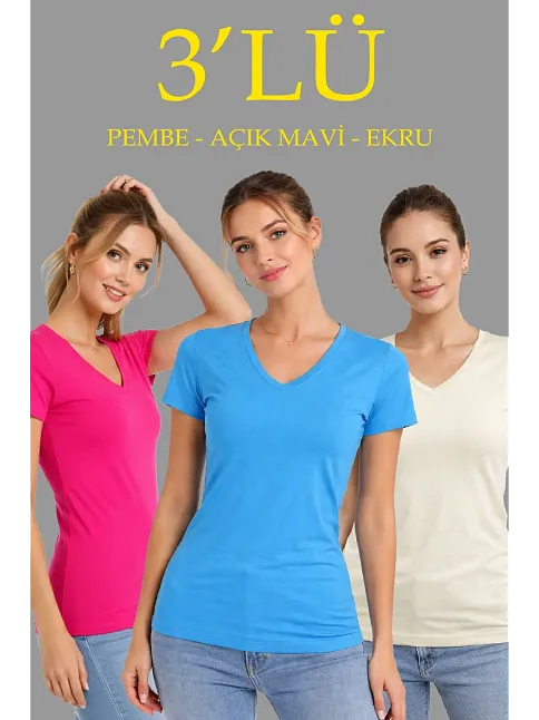 Kadın 3'lü V Yaka Tişört – Kısa Kollu Yazlık Slim Fit Body - Pembe, Açık Mavi, Ekru
