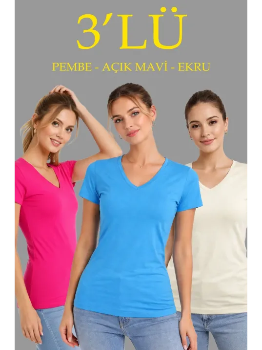 Kadın 3'lü V Yaka Tişört – Kısa Kollu Yazlık Slim Fit Body - Pembe, Açık Mavi, Ekru