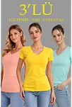 Kadın 3'lü V Yaka Tişört – Kısa Kollu Yazlık Slim Fit Body - Toz Pembe, Sarı, Turkuvaz