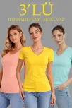Kadın 3'lü V Yaka Tişört – Kısa Kollu Yazlık Slim Fit Body - Toz Pembe, Sarı, Turkuvaz
