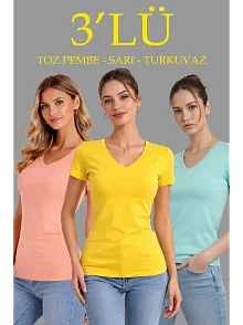 Kadın 3'lü V Yaka Tişört – Kısa Kollu Yazlık Slim Fit Body - Toz Pembe, Sarı, Turkuvaz