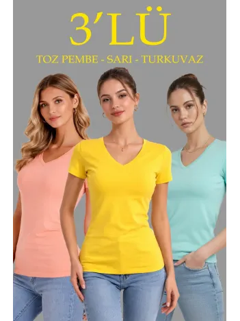 Kadın 3'lü V Yaka Tişört – Kısa Kollu Yazlık Slim Fit Body - Toz Pembe, Sarı, Turkuvaz