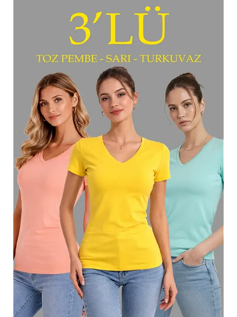 Kadın 3'lü V Yaka Tişört – Kısa Kollu Yazlık Slim Fit Body - Toz Pembe, Sarı, Turkuvaz