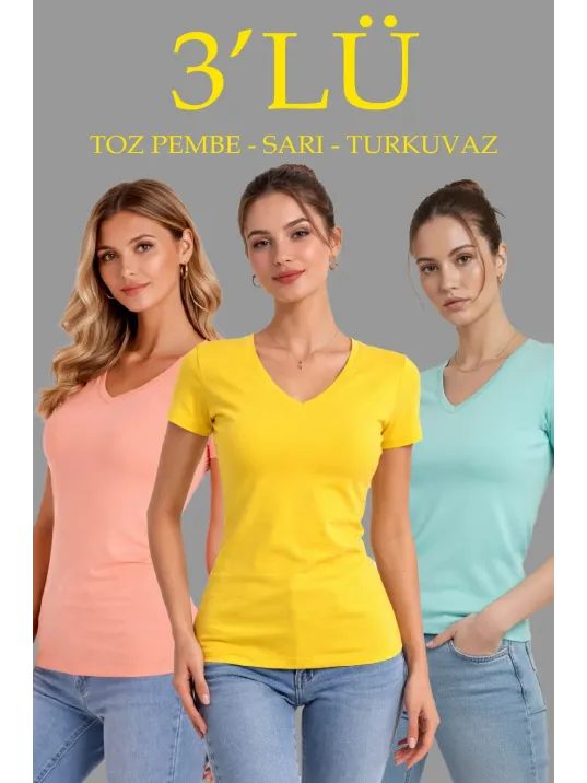 Kadın 3'lü V Yaka Tişört – Kısa Kollu Yazlık Slim Fit Body - Toz Pembe, Sarı, Turkuvaz