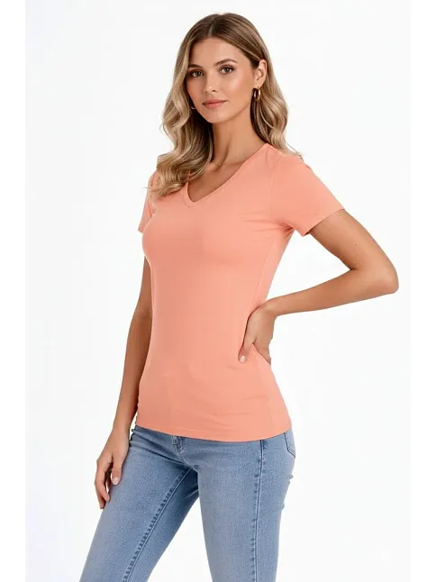 Kadın 3'lü V Yaka Tişört – Kısa Kollu Yazlık Slim Fit Body - Toz Pembe, Sarı, Turkuvaz