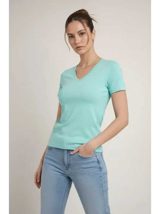 Kadın 3'lü V Yaka Tişört – Kısa Kollu Yazlık Slim Fit Body - Toz Pembe, Sarı, Turkuvaz