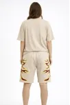 Kadın Bej Oversize Baskılı Tişört Şort Takım Cepli Şort Yazlık Rahat Günlük Kombin - Bej