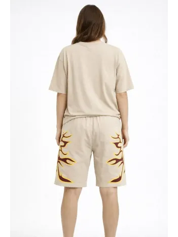 Kadın Bej Oversize Baskılı Tişört Şort Takım Cepli Şort Yazlık Rahat Günlük Kombin - Bej