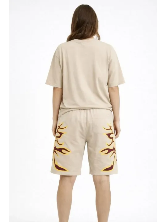Kadın Bej Oversize Baskılı Tişört Şort Takım Cepli Şort Yazlık Rahat Günlük Kombin - Bej