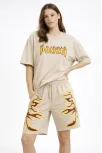Kadın Bej Oversize Baskılı Tişört Şort Takım Cepli Şort Yazlık Rahat Günlük Kombin - Bej