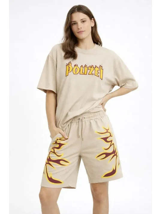 Kadın Bej Oversize Baskılı Tişört Şort Takım Cepli Şort Yazlık Rahat Günlük Kombin - Bej