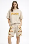 Kadın Bej Oversize Baskılı Tişört Şort Takım Cepli Şort Yazlık Rahat Günlük Kombin - Bej