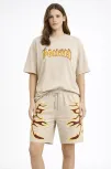Kadın Bej Oversize Baskılı Tişört Şort Takım Cepli Şort Yazlık Rahat Günlük Kombin - Bej