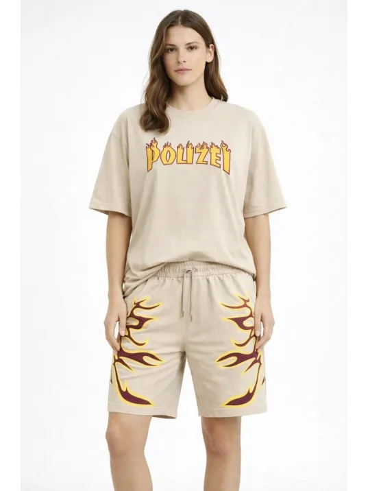Kadın Bej Oversize Baskılı Tişört Şort Takım Cepli Şort Yazlık Rahat Günlük Kombin - Bej