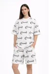 Kadın Oversize Ön Ve Arka Baskılı Tişört Şort Takım Rahat Kalıp Yazlık Günlük Kombin - Beyaz