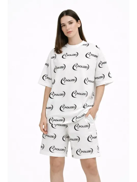 Kadın Oversize Ön Ve Arka Baskılı Tişört Şort Takım Rahat Kalıp Yazlık Günlük Kombin - Beyaz