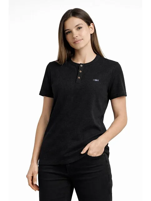 Kadın Waffle Dokulu Likralı Henley Yaka Düğmeli Regular Kısa Kollu T-shirt - Siyah