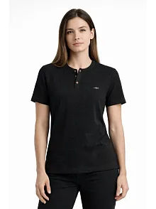 Kadın Waffle Dokulu Likralı Henley Yaka Düğmeli Regular Kısa Kollu T-shirt - Siyah
