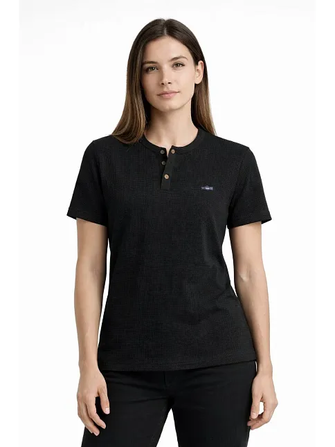 Kadın Waffle Dokulu Likralı Henley Yaka Düğmeli Regular Kısa Kollu T-shirt - Siyah
