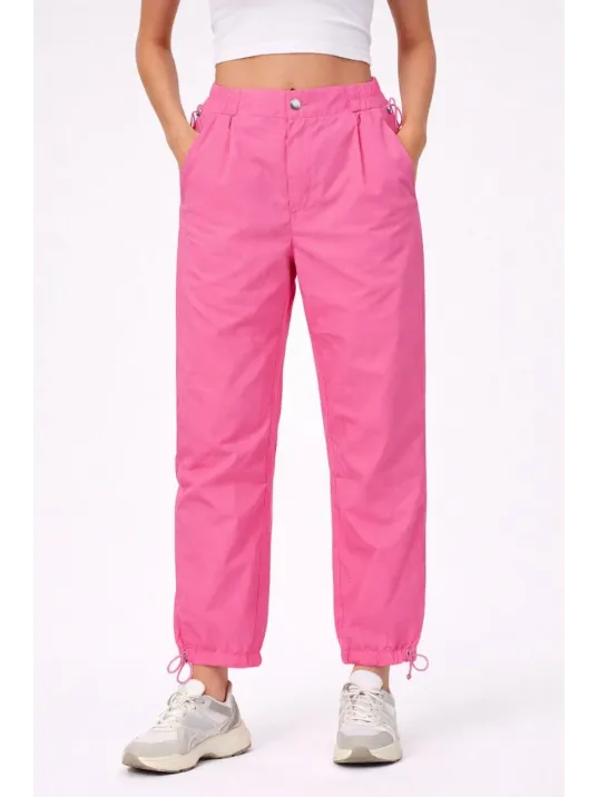Kadın Paraşüt Kumaş Pantolon Bel Ve Paça Ayarlanabilir Lastikli Spor Pantolon - Pembe