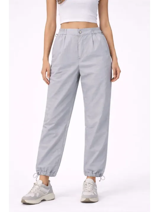 Kadın Paraşüt Kumaş Pantolon Bel Ve Paça Ayarlanabilir Lastikli Spor Pantolon - Gri