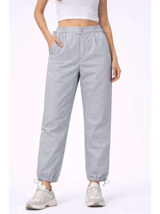 Kadın Paraşüt Kumaş Pantolon Bel Ve Paça Ayarlanabilir Lastikli Spor Pantolon - Gri