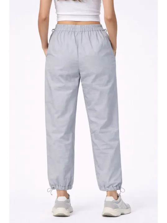 Kadın Paraşüt Kumaş Pantolon Bel Ve Paça Ayarlanabilir Lastikli Spor Pantolon - Gri