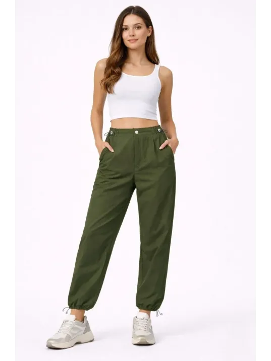 Kadın Paraşüt Kumaş Pantolon Bel Ve Paça Ayarlanabilir Lastikli Spor Pantolon - Haki