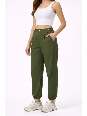 Kadın Paraşüt Kumaş Pantolon Bel Ve Paça Ayarlanabilir Lastikli Spor Pantolon - Haki