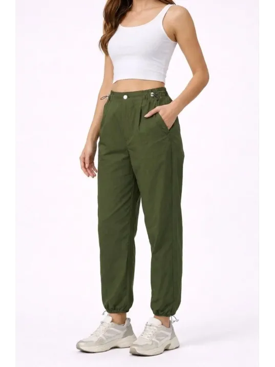Kadın Paraşüt Kumaş Pantolon Bel Ve Paça Ayarlanabilir Lastikli Spor Pantolon - Haki