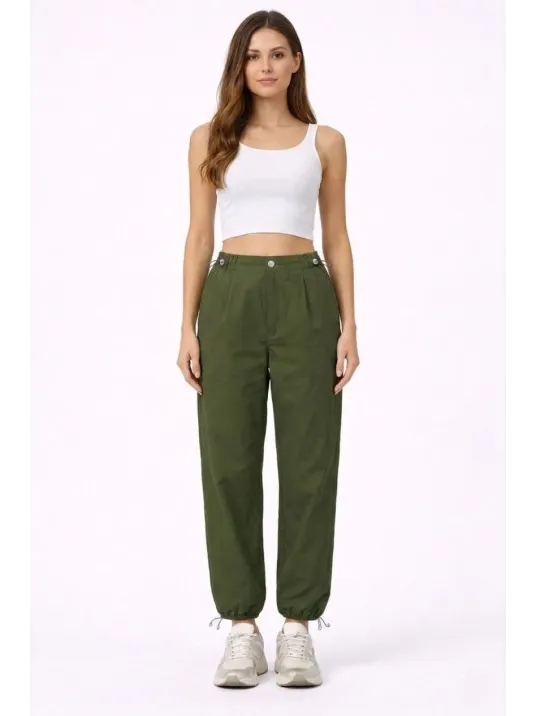 Kadın Paraşüt Kumaş Pantolon Bel Ve Paça Ayarlanabilir Lastikli Spor Pantolon - Haki