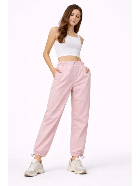 Kadın Paraşüt Kumaş Pantolon Bel Ve Paça Ayarlanabilir Lastikli Spor Pantolon - Toz Pembe