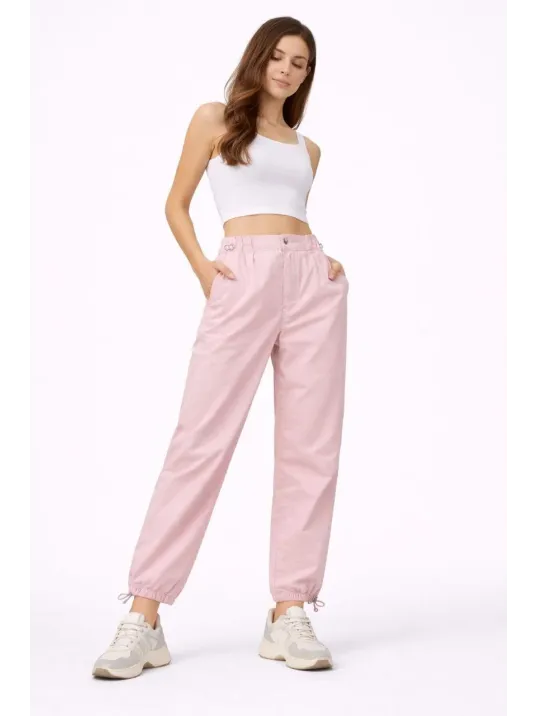 Kadın Paraşüt Kumaş Pantolon Bel Ve Paça Ayarlanabilir Lastikli Spor Pantolon - Toz Pembe