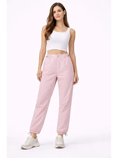 Kadın Paraşüt Kumaş Pantolon Bel Ve Paça Ayarlanabilir Lastikli Spor Pantolon - Toz Pembe