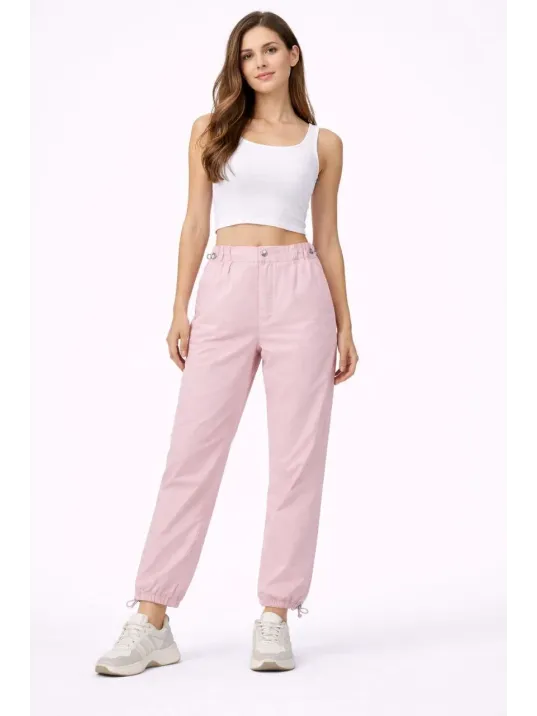 Kadın Paraşüt Kumaş Pantolon Bel Ve Paça Ayarlanabilir Lastikli Spor Pantolon - Toz Pembe