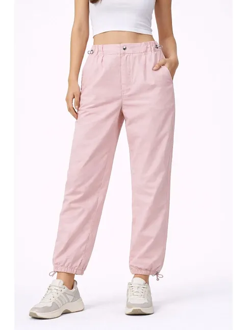 Kadın Paraşüt Kumaş Pantolon Bel Ve Paça Ayarlanabilir Lastikli Spor Pantolon - Toz Pembe