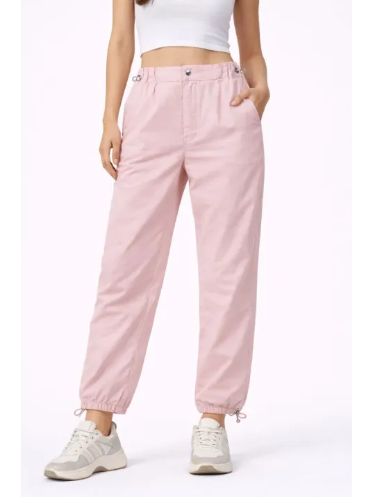 Kadın Paraşüt Kumaş Pantolon Bel Ve Paça Ayarlanabilir Lastikli Spor Pantolon - Toz Pembe