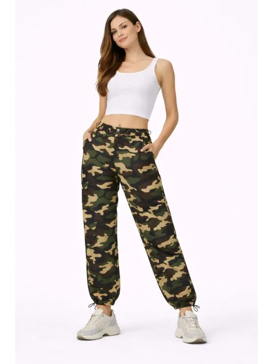Kadın Paraşüt Kumaş Pantolon Bel Ve Paça Ayarlanabilir Lastikli Spor Pantolon - Kamuflaj