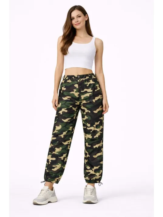 Kadın Paraşüt Kumaş Pantolon Bel Ve Paça Ayarlanabilir Lastikli Spor Pantolon - Kamuflaj