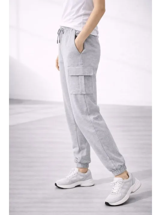 Kadın Jogger Eşofman Altı Rahat Kalıp, Kargo Cepli, Lastikli Paça, Günlük Spor Pantolon - Gri