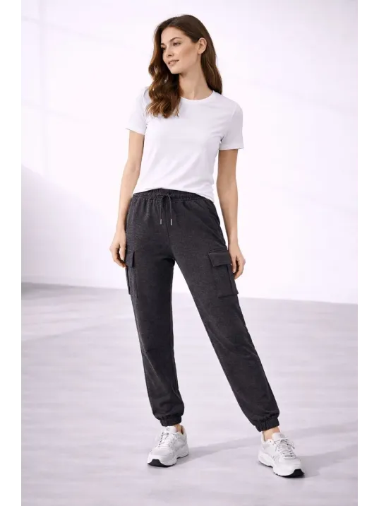 Kadın Jogger Eşofman Altı Rahat Kalıp, Kargo Cepli, Lastikli Paça, Günlük Spor Pantolon - Füme