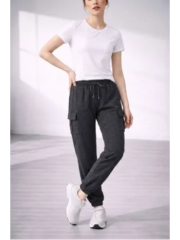 Kadın Jogger Eşofman Altı Rahat Kalıp, Kargo Cepli, Lastikli Paça, Günlük Spor Pantolon - Füme