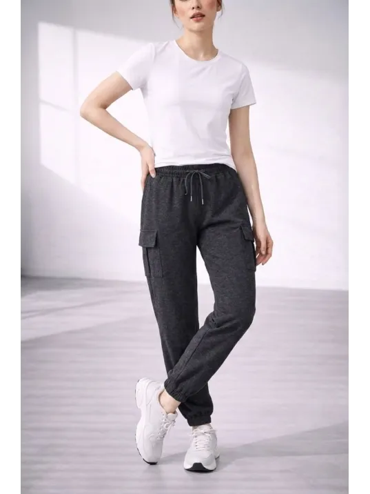 Kadın Jogger Eşofman Altı Rahat Kalıp, Kargo Cepli, Lastikli Paça, Günlük Spor Pantolon - Füme