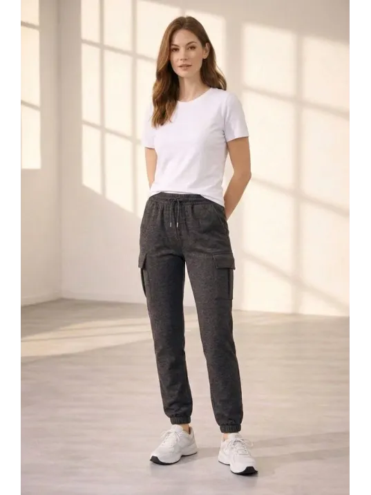 Kadın Jogger Eşofman Altı Rahat Kalıp, Kargo Cepli, Lastikli Paça, Günlük Spor Pantolon - Füme