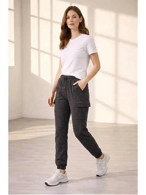 Kadın Jogger Eşofman Altı Rahat Kalıp, Kargo Cepli, Lastikli Paça, Günlük Spor Pantolon - Füme