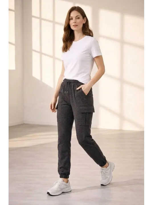 Kadın Jogger Eşofman Altı Rahat Kalıp, Kargo Cepli, Lastikli Paça, Günlük Spor Pantolon - Füme