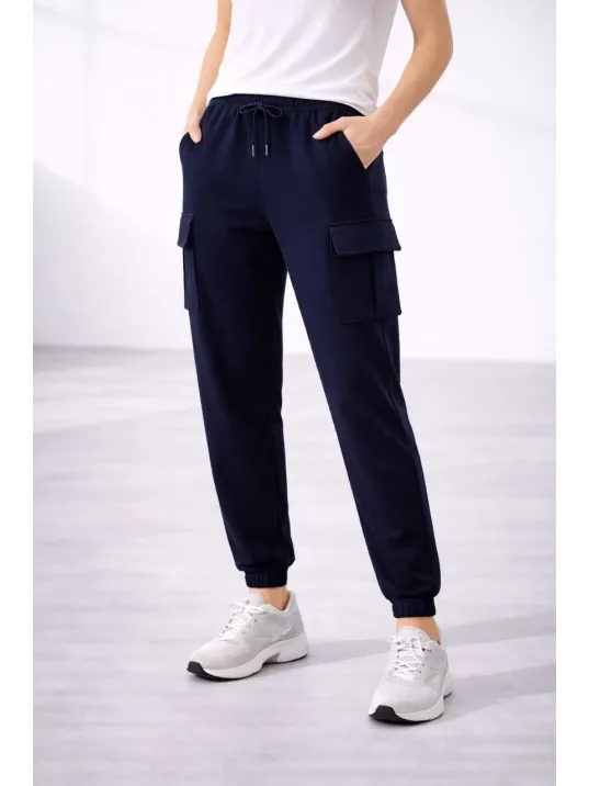 Kadın Jogger Eşofman Altı Rahat Kalıp, Kargo Cepli, Lastikli Paça, Günlük Spor Pantolon - Lacivert