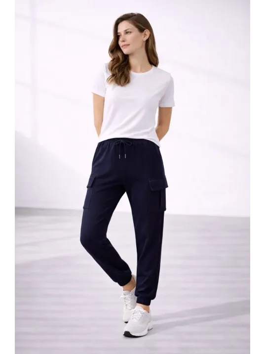 Kadın Jogger Eşofman Altı Rahat Kalıp, Kargo Cepli, Lastikli Paça, Günlük Spor Pantolon - Lacivert