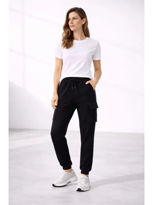 Kadın Jogger Eşofman Altı Rahat Kalıp, Kargo Cepli, Lastikli Paça, Günlük Spor Pantolon - Siyah