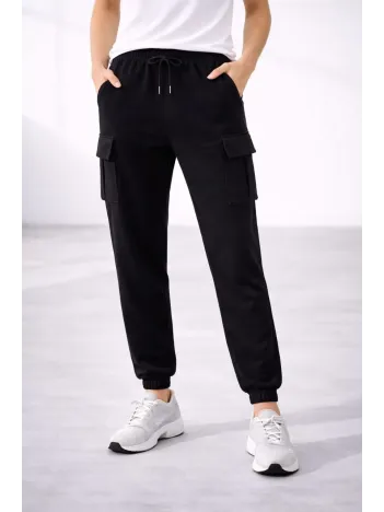 Kadın Jogger Eşofman Altı Rahat Kalıp, Kargo Cepli, Lastikli Paça, Günlük Spor Pantolon - Siyah